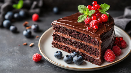 A stunning slice of rich chocolate cake adorned with fresh red berries and mint leaves, perfect for showcasing desserts in food photography.の素材