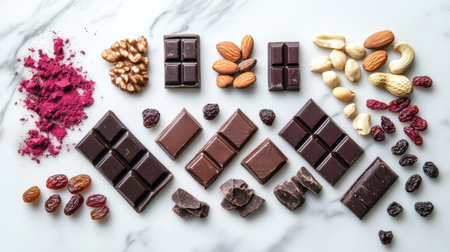 A visually appealing arrangement of dark chocolate pieces alongside various nuts and dried fruits, showcasing a delightful treat for chocolate lovers.の素材