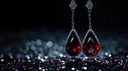 Capture the elegance of luxurious red teardrop earrings adorned with sparkling accents, displayed against a dark and glittering background.の素材