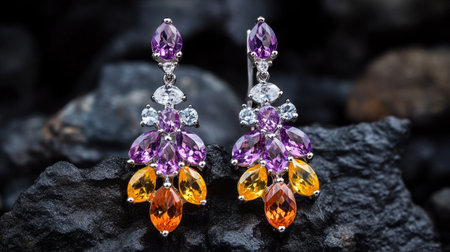 Stunning drop earrings featuring a combination of purple and orange gemstones set in silver, perfect for adding elegance to any outfit or occasion.の素材
