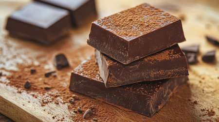 Discover the allure of rich dark chocolate bars elegantly stacked atop a wooden surface, accented by cocoa powder and chocolate chips for a sumptuous touch.の素材