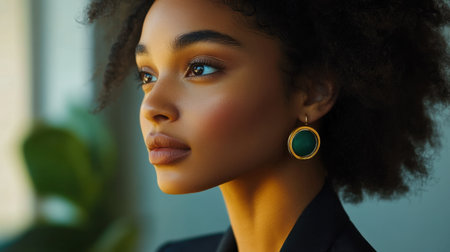 A stunning close-up portrait of a young woman with natural curly hair, adorned with beautiful earrings, showcasing elegance and confidence in soft light.の素材
