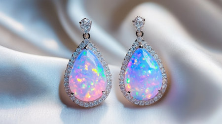 Delight in the elegance of these opal earrings adorned with sparkling diamond accents, perfect for any special occasion or luxury gift.の素材