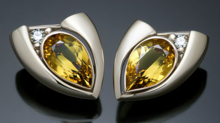 Discover these elegant pear-shaped yellow gemstone earrings featuring exquisite silver settings and accent stones, perfect for any special occasion.の素材