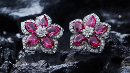 Stunning pair of floral earrings featuring pink gemstones and diamonds set against a dark rocky background, perfect for showcasing luxury and elegance.の素材