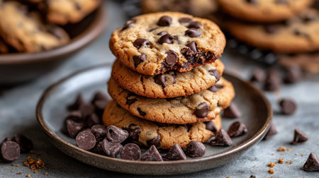 A delightful stack of freshly baked chocolate chip cookies on a rustic plate. Soft, chewy, and bursting with rich chocolate flavor, this image captures the essence of homemade baking and indulgence. Perfect for food enthusiasts and dessert lovers.の素材