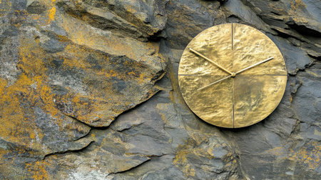 This captivating image showcases a gold clock beautifully mounted on a textured rock surface, blending natural elements with modern design.の素材