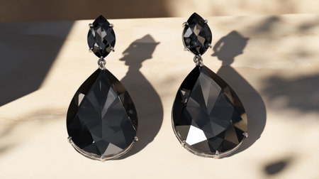 Stunning black teardrop earrings featuring sparkling gemstones set in silver, showcased in natural light. Perfect for adding elegance to any outfit.の素材