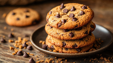 A tempting stack of fresh homemade chocolate chip cookies served on a rustic plate, showcasing their golden brown color and rich chocolate drops.の素材
