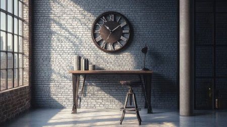 An inviting office space featuring a rustic wooden table, a large wall clock, and neatly arranged books against a brick wall. The design combines industrial elements with modern aesthetics, creating a warm and creative atmosphere perfect for productivity.の素材