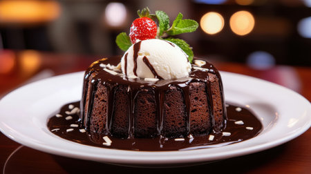 This stunning image showcases a rich chocolate lava cake topped with a scoop of vanilla ice cream and garnished with a fresh strawberry and mint, creating an enticing dessert display perfect for any occasion.の素材