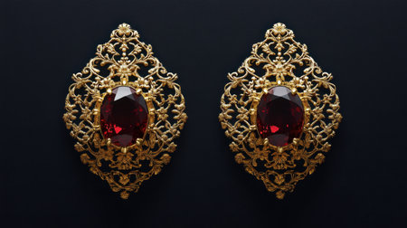 Intricately designed gold earrings featuring large red gemstones, perfect for adding a touch of luxury and elegance to any ensemble or occasion.の素材