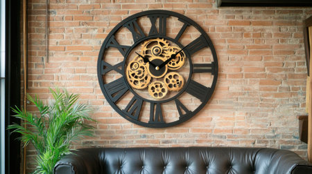 A stunning vintage wall clock adorned with exposed gears adds charm to a modern living room with a rustic brick wall and elegant leather couch.の素材