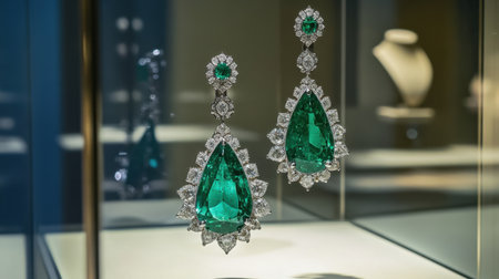 Stunning emerald and diamond earrings on display in a sophisticated jewelry store, showcasing the beauty and craftsmanship of fine jewelry artistry.の素材