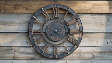 This image features a rustic wall clock mounted on a wooden surface, showcasing intricate details and warm colors, perfect for enhancing home decor elements.の素材