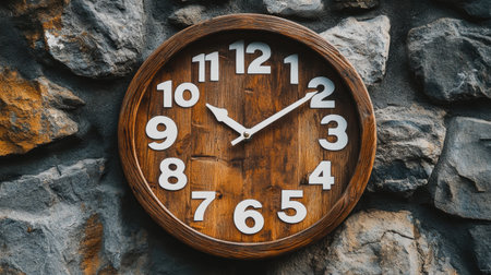 A rustic wooden wall clock featuring large white numbers against a textured stone background, perfect for enhancing home decor and creating a warm atmosphere.の素材