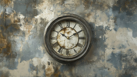 This captivating vintage wall clock features Roman numerals on a rustic patina background, adding charm and character to any space. Ideal for home decor.の素材