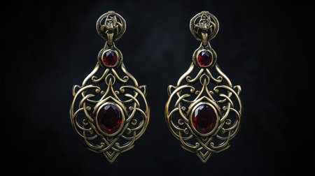 This stunning pair of vintage earrings combines intricate metalwork with vibrant red gemstones, exuding elegance and charm for any special occasion.の素材