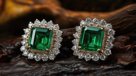 Explore the breathtaking beauty of emerald earrings framed by brilliant diamonds, set against a rustic background, perfect for luxurious fashion and special occasions.の素材