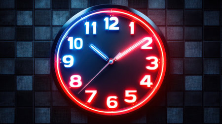 A vibrant neon wall clock showcases bright colors against a dark checkered background, adding a modern touch to any space. Perfect for home decor or nightlife themes.の素材