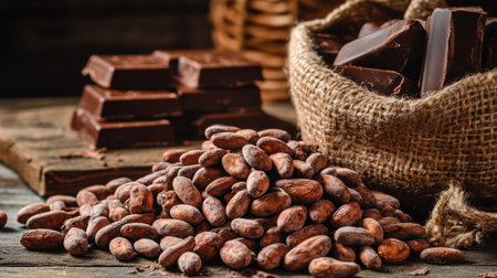 A rich display of raw cocoa beans scattered on a wooden table, accompanied by dark chocolate bars in a rustic basket, evoking a warm, cozy atmosphere.の素材