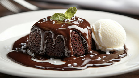 A visually stunning dessert featuring a rich chocolate lava cake overflowing with molten chocolate, paired with velvety ice cream and mint.の素材