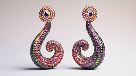 Stunning earrings featuring a unique swirl design adorned with vibrant gemstones. Perfectly crafted for elegance and style, ideal for special occasions.の素材