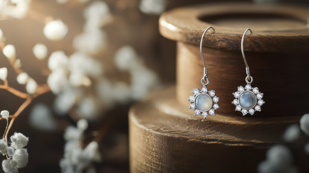 A detailed shot of elegant silver earrings featuring moonstone and a floral design, artfully placed on a wooden surface with delicate flowers.の素材