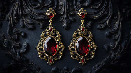 Captivating vintage earrings featuring elaborate gold designs and striking red gemstones, perfect for enhancing elegance and style in any occasion.の素材