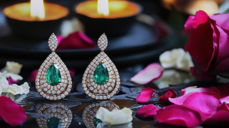 Stunning emerald earrings set in diamond detailing create a captivating elegance, surrounded by rose petals and gentle candlelight, perfect for special occasions.の素材