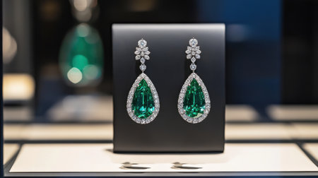 Stunning emerald earrings surrounded by dazzling diamonds showcased in a luxurious display, highlighting exquisite craftsmanship and timeless elegance.の素材