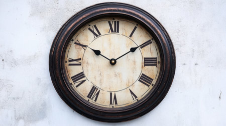This vintage wall clock features Roman numerals, set against a rustic background. Perfect for enhancing interior decor with a classic touch.の素材