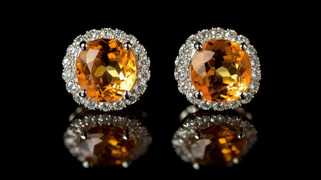 Exquisite yellow gemstone earrings featuring intricate silver detailing and sparkling diamonds, beautifully showcased against a sleek black background.の素材