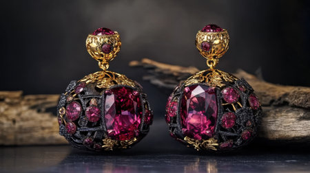 A pair of elegant vintage earrings showcases deep red gemstones intricately set in gold and black metalwork, perfect for adding luxury and style.の素材