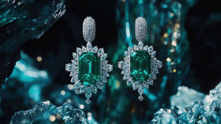 Discover a stunning pair of emerald earrings adorned with sparkling diamonds, elegantly positioned against a dramatic dark backdrop and textured crystals.の素材