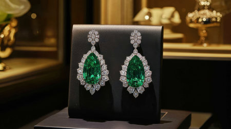Luxurious green emerald earrings with intricate diamond detailing displayed elegantly in a boutique, showcasing exquisite craftsmanship and timeless beauty.の素材