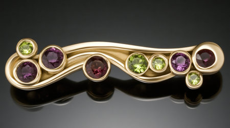 This stunning gold brooch features an artistic design adorned with vibrant amethyst and peridot stones, capturing elegance and luxury for jewelry enthusiasts.の素材