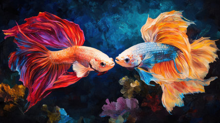 This vibrant artwork features two colorful betta fish swimming closely in a dynamic underwater scene, showcasing their artistic beauty and striking colors.の素材