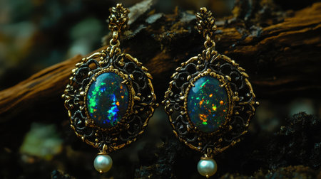 Discover a stunning pair of vintage earrings featuring vibrant opals and delicate pearls, beautifully showcased against a rustic wooden background.の素材