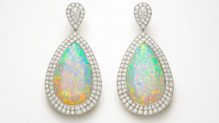 Discover the beauty of these opal earrings featuring a stunning teardrop design, accented with dazzling diamonds, perfect for any elegant occasion.の素材