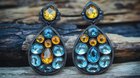 Captivating vintage earrings featuring a stunning arrangement of blue and yellow gemstones. These elegant accessories enhance any outfit with their unique charm.の素材
