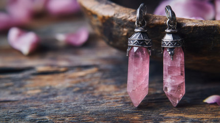 Beautiful pink crystal earrings hang elegantly beside a vintage wooden bowl adorned with delicate petals, creating a serene and romantic atmosphere.の素材