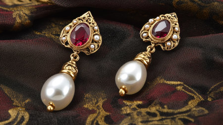 Discover these stunning gold earrings featuring red stones and pearls, perfect for adding elegance and sparkle to any outfit or occasion.の素材