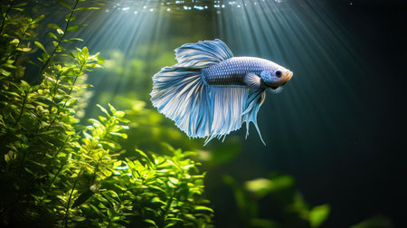 This stunning image captures a vibrant betta fish gliding gracefully through clear waters, illuminated by soft sun rays filtering from above, surrounded by lush aquatic plants that enhance the serene atmosphere.の素材