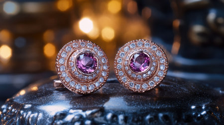 These elegant rose gold earrings feature pink gemstones surrounded by sparkling accents, showcasing exquisite craftsmanship in a soft, beautifully blurred background.の素材