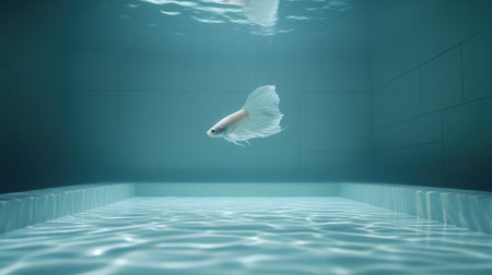 A captivating image of a solitary goldfish swimming in a tranquil underwater setting. The soft light creates a serene atmosphere, showcasing the delicate movements and colors of this beautiful aquatic creature.の素材