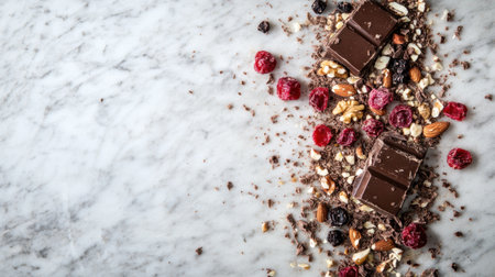 A beautifully arranged dark chocolate bar surrounded by nuts and dried fruits on a marble surface, ideal for food photography and dessert inspiration.の素材