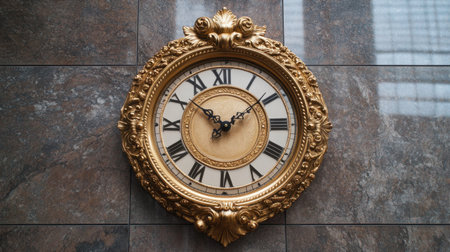 This beautiful vintage wall clock features an ornate golden frame with Roman numerals, adding a touch of elegance to any interior space.の素材
