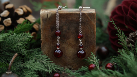 Beautiful red gemstone earrings showcased on a natural wood stand surrounded by festive greenery and pine cones, perfect for holiday gift ideas.の素材