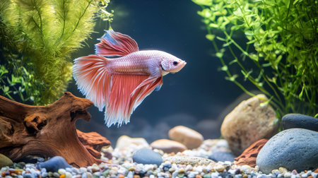 A stunning betta fish glides through an aquatic setting, showcasing vibrant colors against a backdrop of plants and rocks, embodying serenity and beauty.の素材